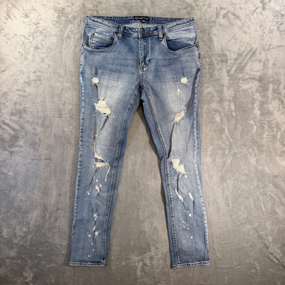 EMPYRE Distressed Skinny Jeans Men's Size 34x34 Blue Paint Splatter Denim